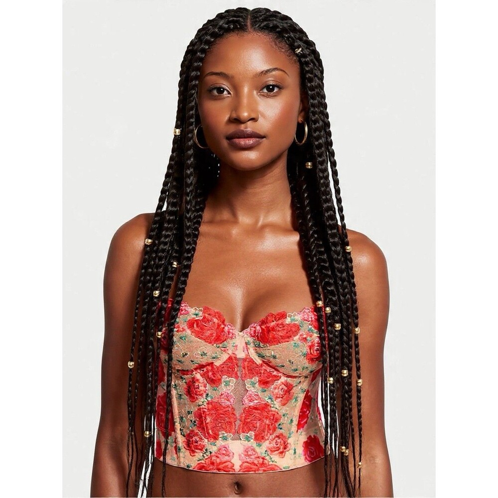 Victoria Secret Dream Angels Unlined Corset Top Red Lace Roses 32B  Embroidery